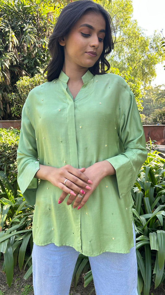 Green SOLID EMBROIDERED OVERSIZE SHIRT