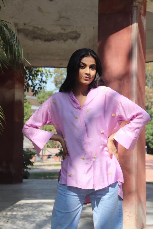 Purple SOLID EMBROIDERED OVERSIZE SHIRT