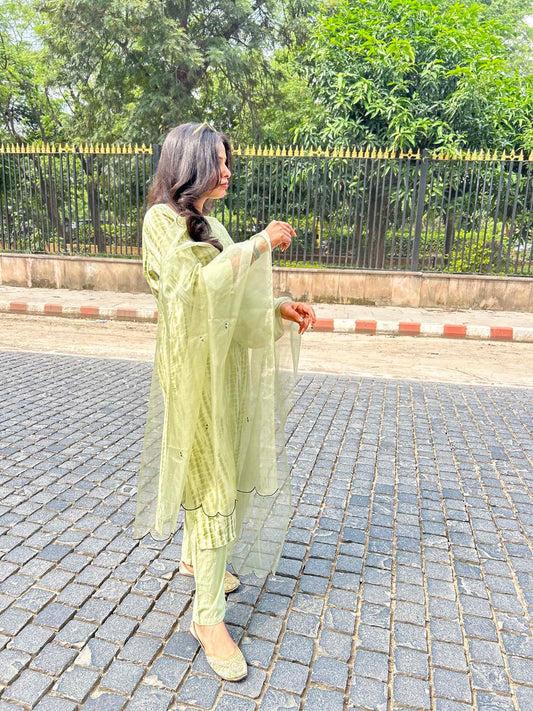 Light green & mustrad tie&dye kurta set